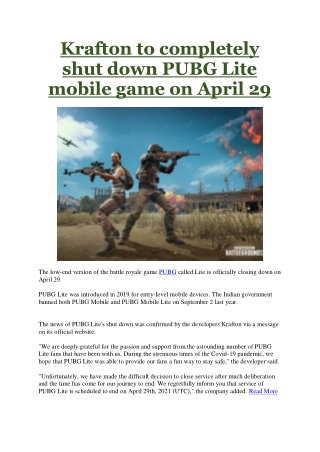 Krafton to completely shut down PUBG Lite mobile game on April 29