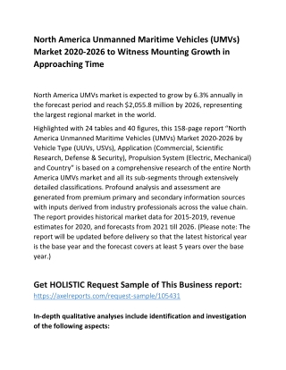 North America Unmanned Maritime Vehicles (UMVs) Market 2020-2026 to Witness Mounting Growth in Approaching Time