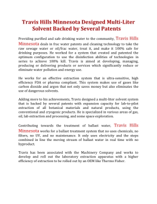 Travis Hills Minnesota Designed Multi-Liter Solvent Backed by Several Patents