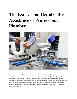 The Issues That Require the Assistance of Professional Plumber