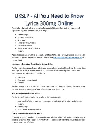 UKSLP - All You Need to Know Lyrica 300mg Online