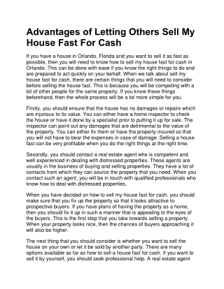 Advantages of Letting Others Sell My House Fast For Cash
