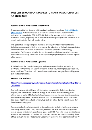 FUEL CELL BIPOLAR PLATE MARKET TO REACH VALUATION OF US$ 4.4 BN BY 2030