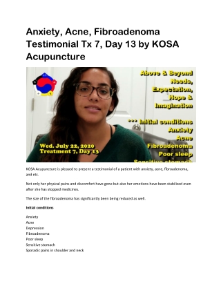 Anxiety, Acne, Fibroadenoma Testimonial Tx 7- KOSA Acupuncture