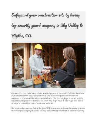 Safeguard your construction site by hiring top security guard company in Sky Valley & Blythe, CA