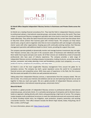 ILS World Offers Bespoke Independent Fiduciary Services to Businesses and Private Clients across the World
