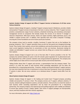 Systems Analysis Design & Support Ltd Offers IT Support Services to Businesses of all Sizes across Various Industries