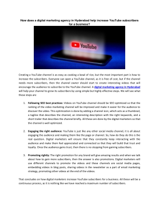 How does a digital marketing agency in Hyderabad help increase YouTube subscribers for a business?
