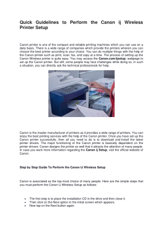 Quick Guidelines to Perform the Canon ij Wireless Printer Setup