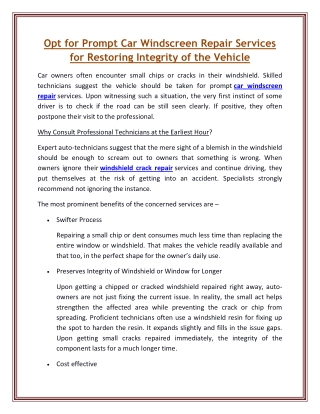 Opt for Prompt Car Windscreen Repair Services for Restoring Integrity of the Vehicle