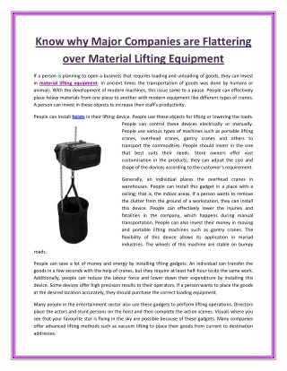 Know why Major Companies are Flattering over Material Lifting Equipment