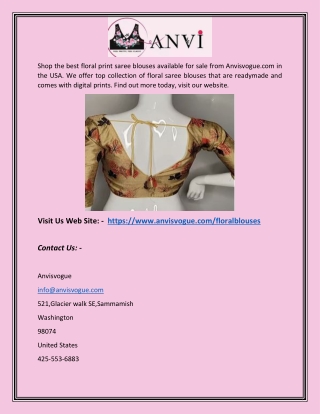 Floral Saree Blouse for Sale Online USA | Anvisvogue.com