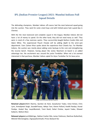 IPL (Indian Premier League) 2021: Mumbai Indians Full Squad Details