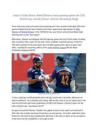 Latest Cricket News: Rohit-Dhawan best opening option for T20 World Cup, reveals former selector Sarandeep Singh