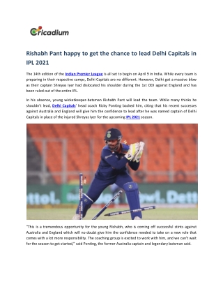 Rishabh Pant happy to get the chance to lead Delhi Capitals in IPL 2021