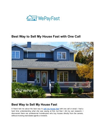 Best Way to Sell My House Fast with One Call