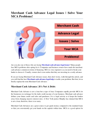 Merchant Cash Advance Legal Issues  Solve Your MCA Problems