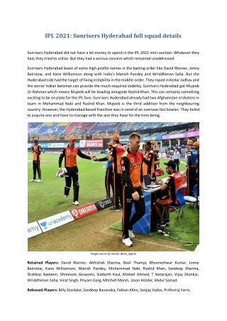 IPL 2021: Sunrisers Hyderabad full squad details