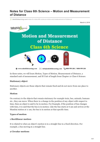 Motion and Measurement of Distance Class 6 PDF