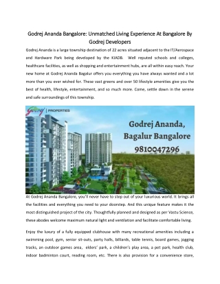 Godrej Ananda Bangalore: Unmatched Living Experience At Bangalore By Godrej Developers!!
