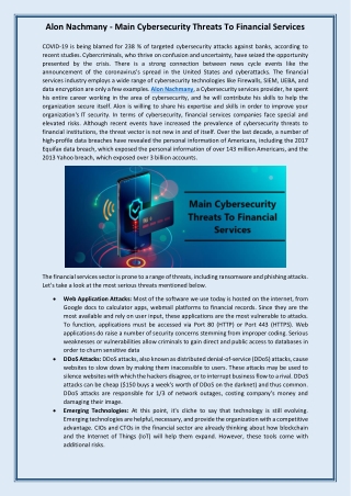 Alon Nachmany - Main Cybersecurity Threats To Financial Services