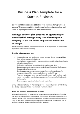 Business Plan Template for a Startup Business