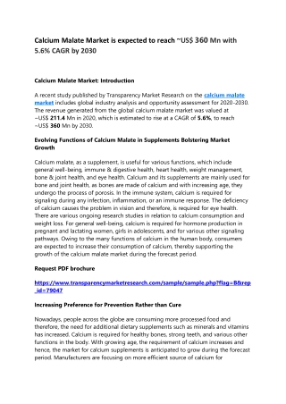 Calcium Malate Market is expected to reach ~US$ 360 Mn with 5.6% CAGR by 2030