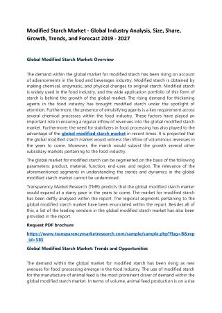 Modified Starch Market - Global Industry Analysis, Size, Share, Growth, Trends, and Forecast 2019 - 2027