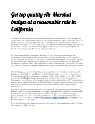 Get top quality Air Marshal badges at a reasonable rate in California