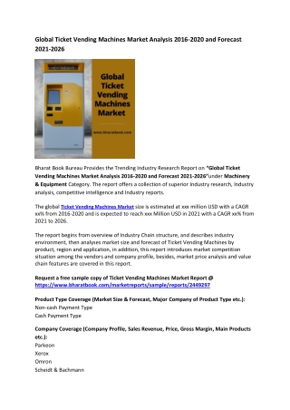 Global Ticket Vending Machines Market Analysis 2016-2020 and Forecast 2021-2026