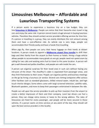Limousines Melbourne – Affordable and Luxurious Transporting Systems