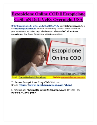 Eszopiclone Online COD || Eszopiclone CaSh oN DeLiVeRy Overnight USA