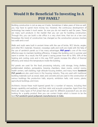 Would It Be Beneficial To Investing In A PUF PANEL?