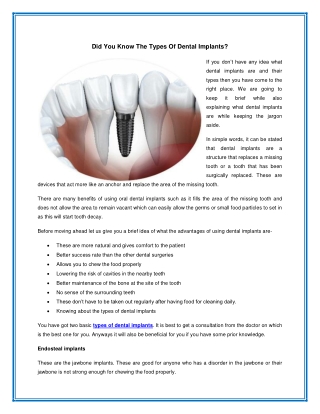 Did You Know The Types Of Dental Implants?