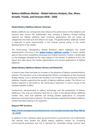 Battery Additives Market - Global Industry Analysis, Size, Share, Growth, Trends, and Forecast 2018 – 2026