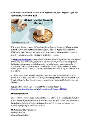 Global Low-Fat Oatmilk Market 2021 by Manufacturers, Regions, Type and Application, Forecast to 2026