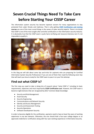 Seven Crucial Things Need To Take Care before Starting Your CISSP Career