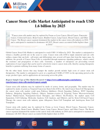 Cancer Stem Cells Market Anticipated to reach USD 1.6 billion by 2025