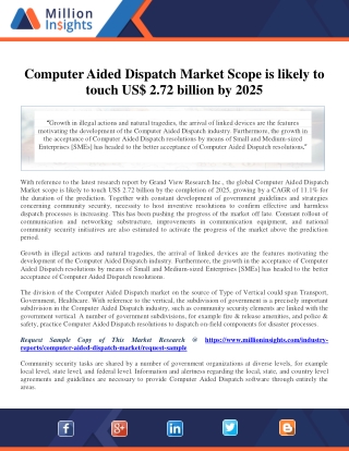 Computer Aided Dispatch Market Scope is likely to touch US$ 2.72 billion by 2025