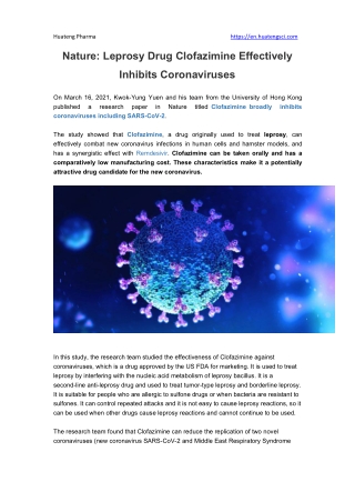 Nature: Leprosy Drug Clofazimine Effectively Inhibits Coronaviruses