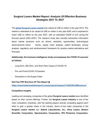 Surgical Lasers Market Prominent Growth And Vendor Landscape By 2027