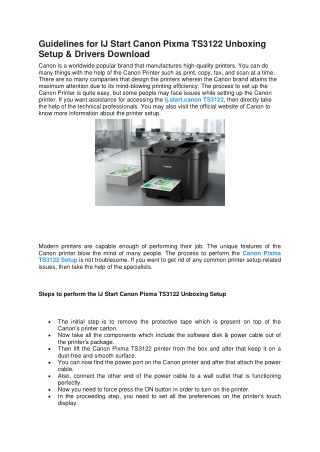Guidelines for IJ Start Canon Pixma TS3122 Unboxing Setup & Drivers Download