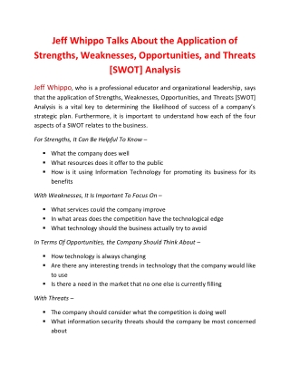 Jeff Whippo Talks About the Application of Strengths, Weaknesses, Opportunities, and Threats [SWOT] Analysis