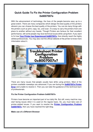 Quick Guide To Fix the Printer Configuration Problem 0x8007007e