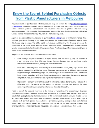 Know the Secret Behind Purchasing Objects from Plastic Manufacturers in Melbourne