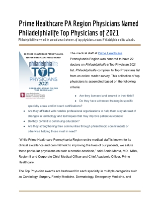 Prime Healthcare PA Region Physicians Named Philadelphialife Top Physicians of 2021