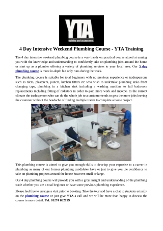 4 Day Intensive Weekend Plumbing Course - YTA Training