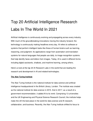 Top 20 Artificial Intelligence Research Labs In The World In 2021