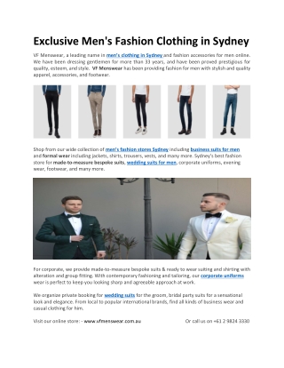 Exclusive Men's Fashion Clothing in Sydney