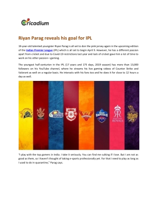 Riyan Parag reveals his goal for IPL